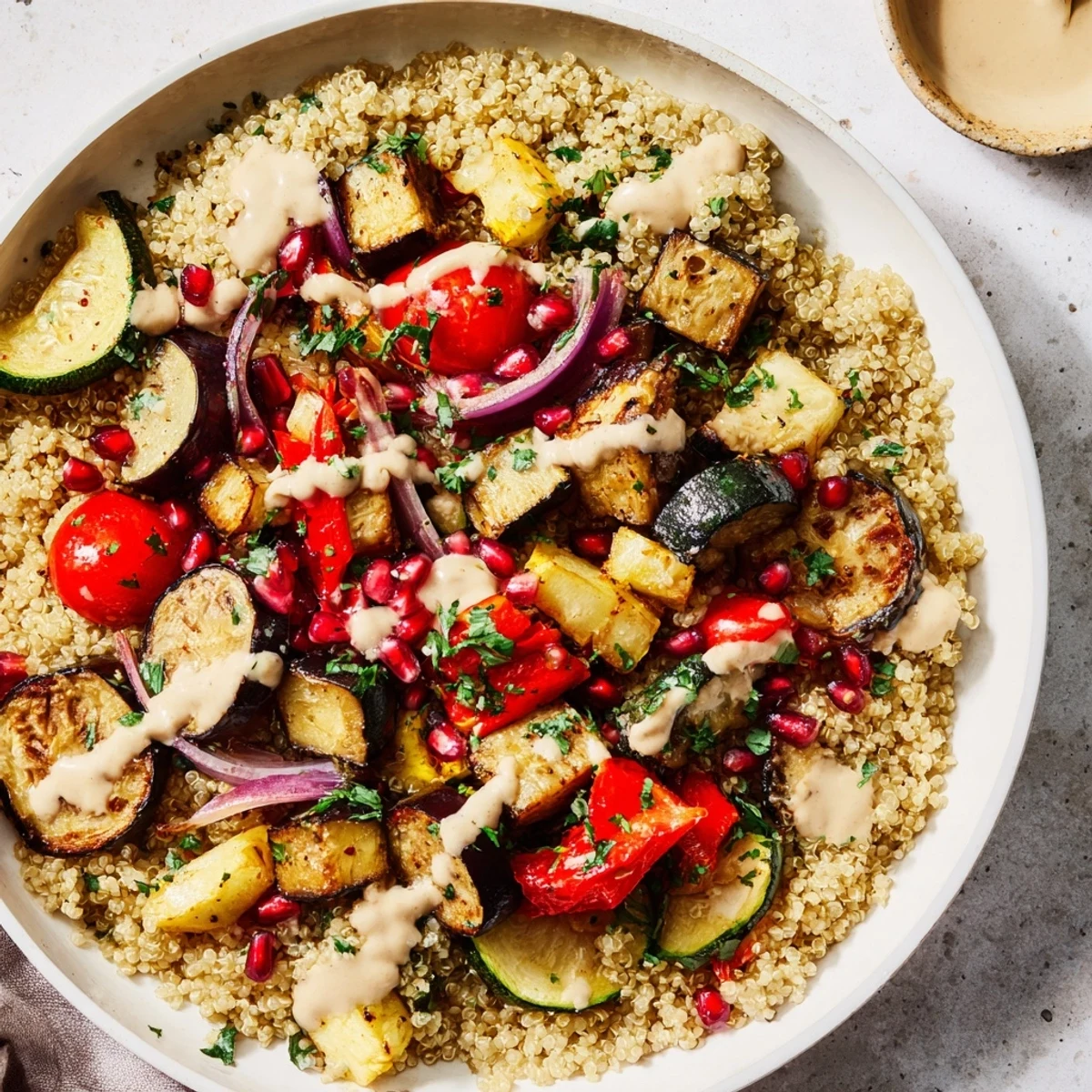 Hearty eggplant grain bowl with roasted vegetables and creamy tahini drizzle