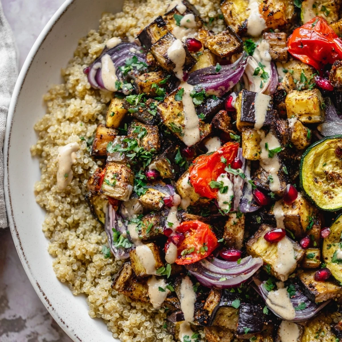 Vibrant eggplant grain bowl topped with pomegranate seeds and zesty dressing