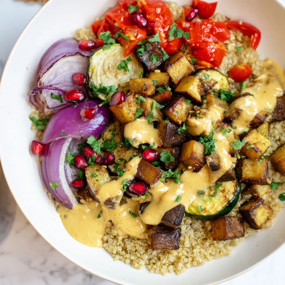 Smoky roasted eggplant grain bowl served over fluffy quinoa with fresh herbs