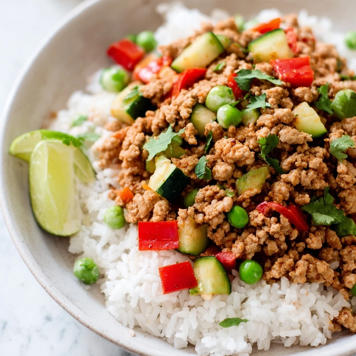 Spiced Turkey Rice Bowls topped with fresh cilantro and a bright lime wedge