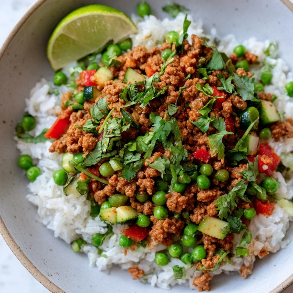 Warm spiced ground turkey served over fluffy rice with colorful sautéed vegetables