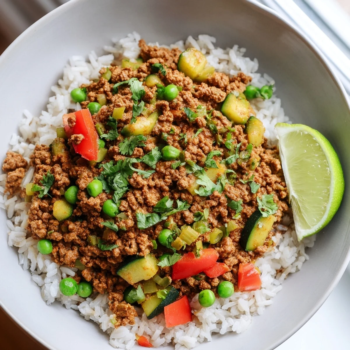 A hearty bowl of Spiced Turkey Rice with diced peppers, zucchini, and peas