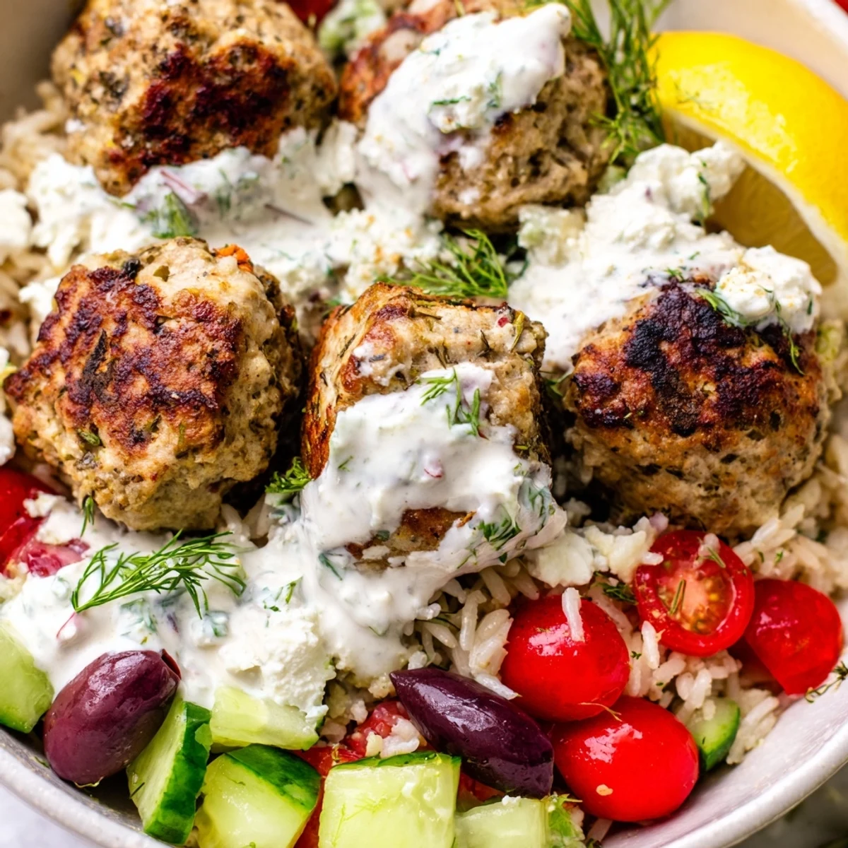 Golden za'atar-crusted turkey meatballs nestled over herbed rice with cool yogurt sauce in a vibrant bowl