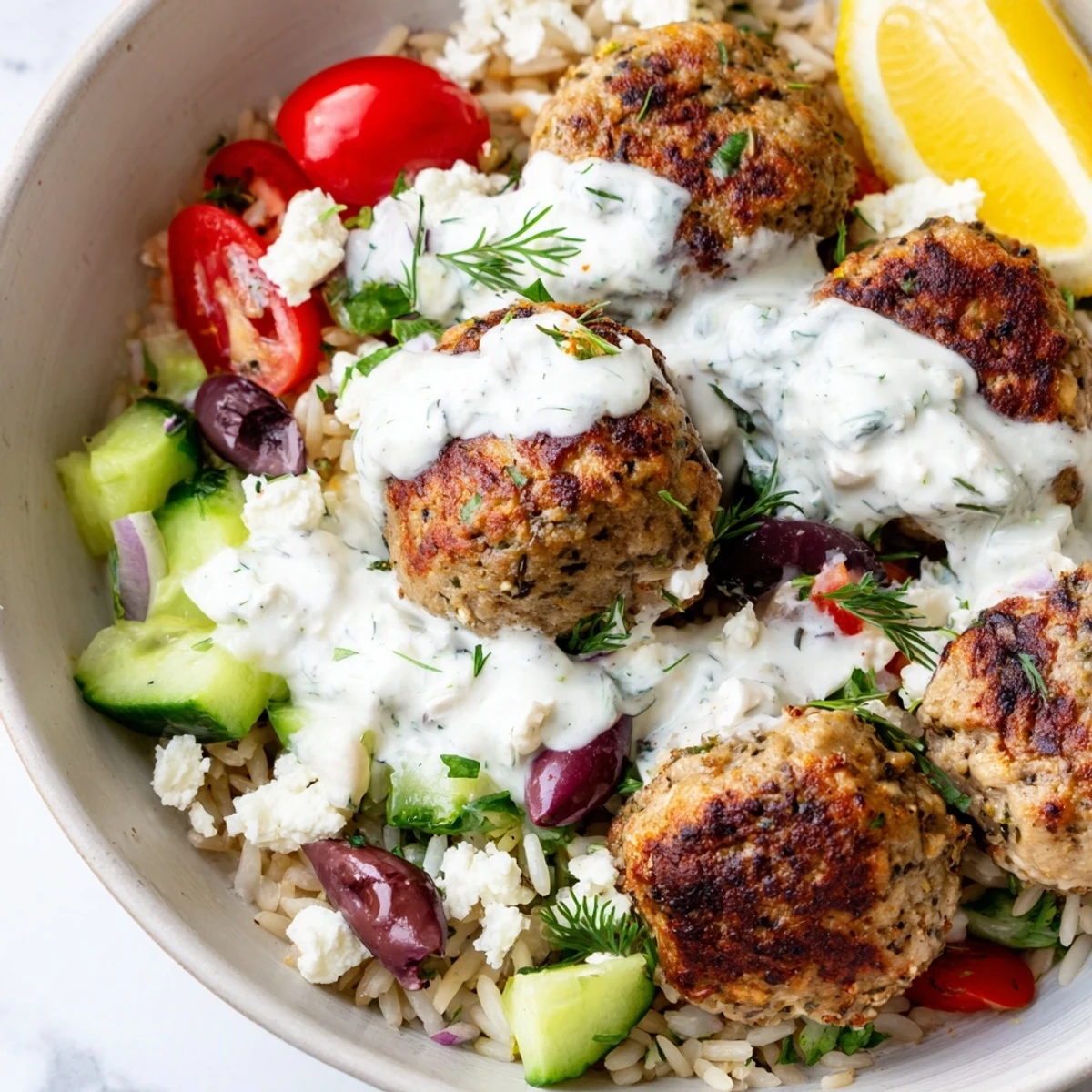 Mediterranean za'atar turkey meatball bowls topped with crisp cucumbers, tomatoes, olives, and creamy feta