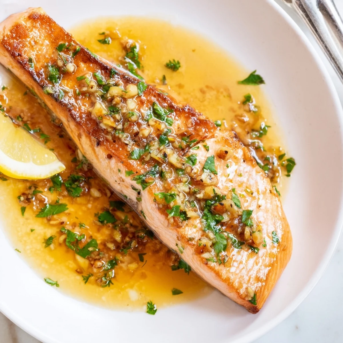 Golden pan-seared garlic butter salmon fillets drizzled with lemon herb sauce