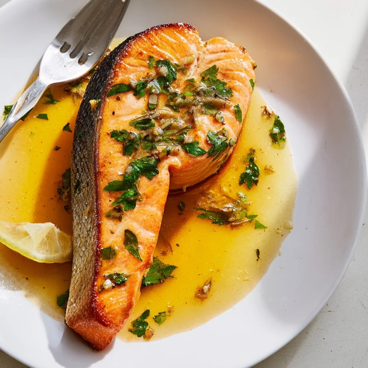 Crispy-skinned garlic butter salmon glistening in a rich, aromatic pan sauce