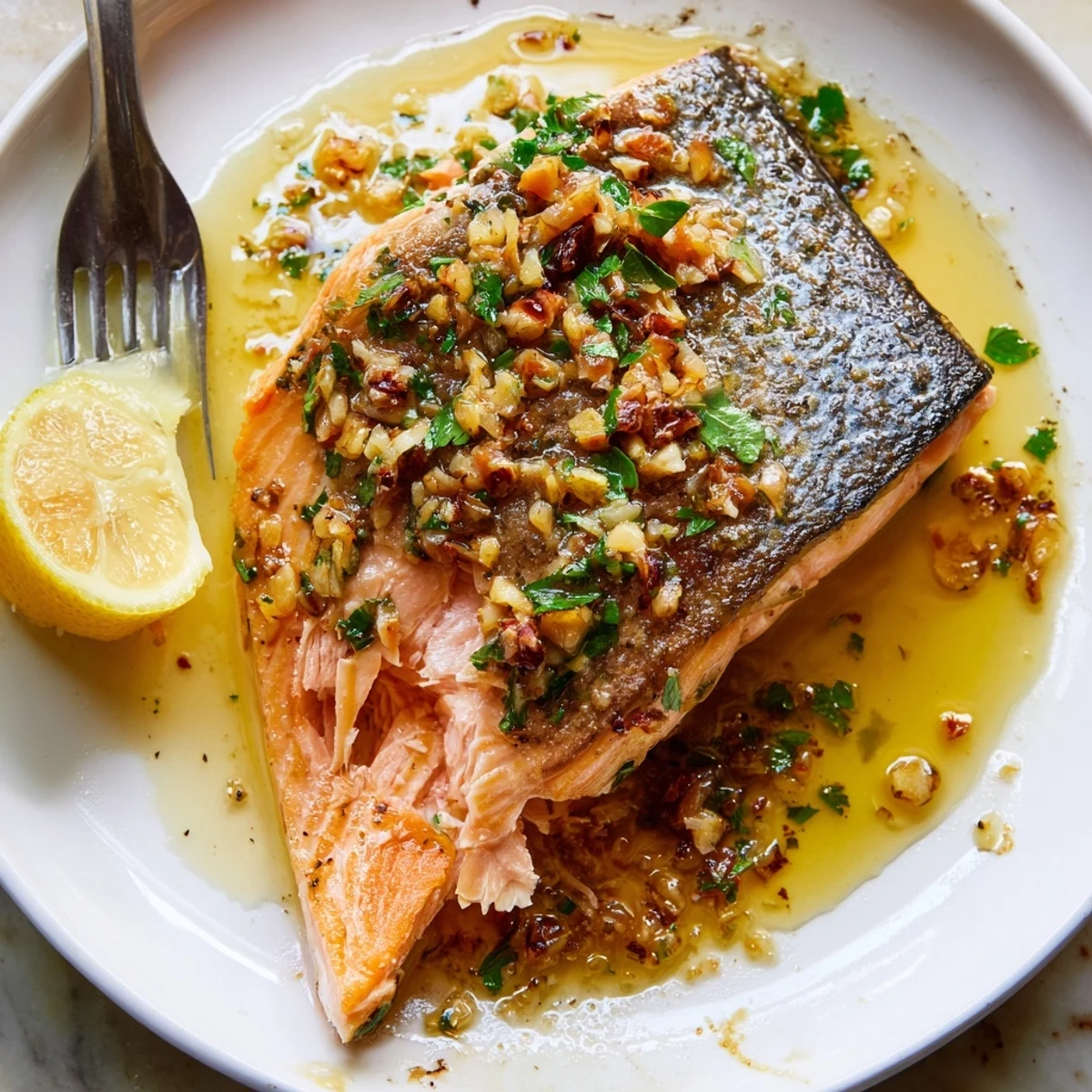 Tender garlic butter salmon topped with fresh parsley and bright lemon wedges