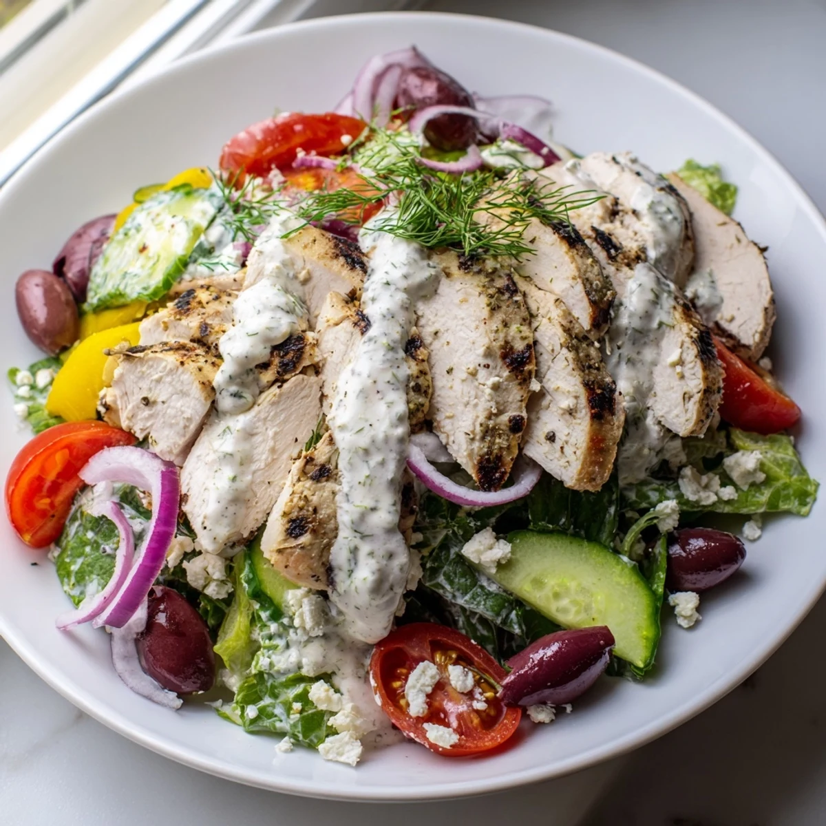 Juicy grilled chicken nestled atop fresh Mediterranean veggies with creamy whipped feta dressing