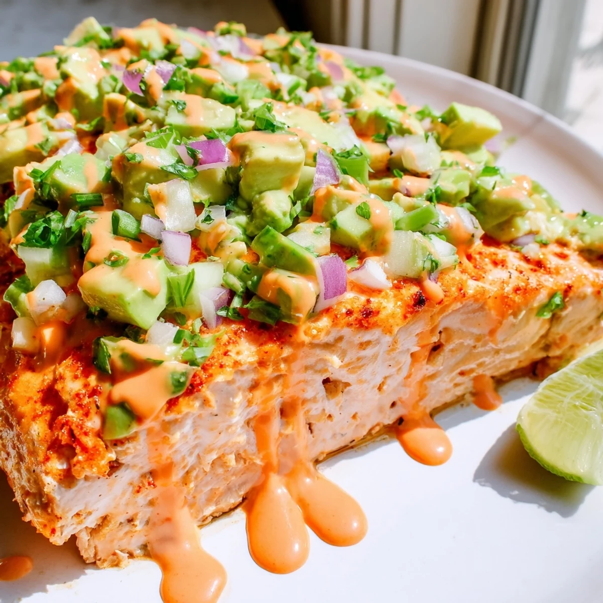 Juicy bang bang salmon topped with cool avocado cucumber salsa on a white plate