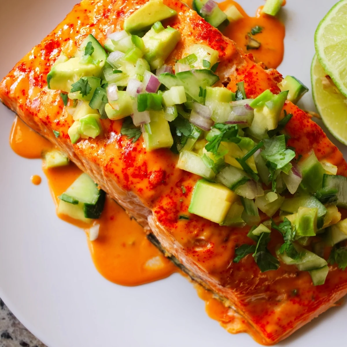 Crispy edged bang bang salmon drizzled with spicy cream sauce and fresh green salsa