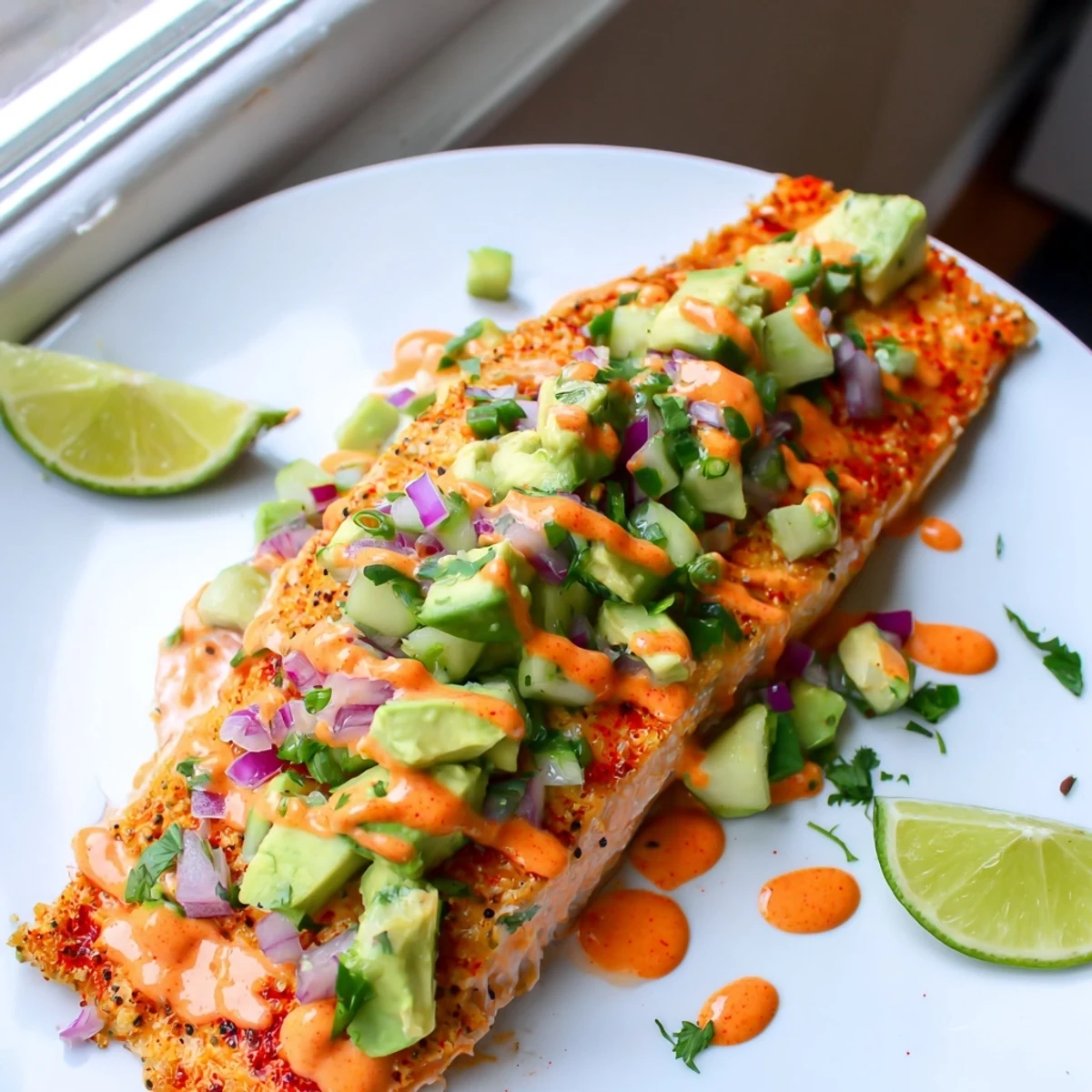 Golden baked bang bang salmon nestled beside vibrant avocado cucumber salsa with lime wedges