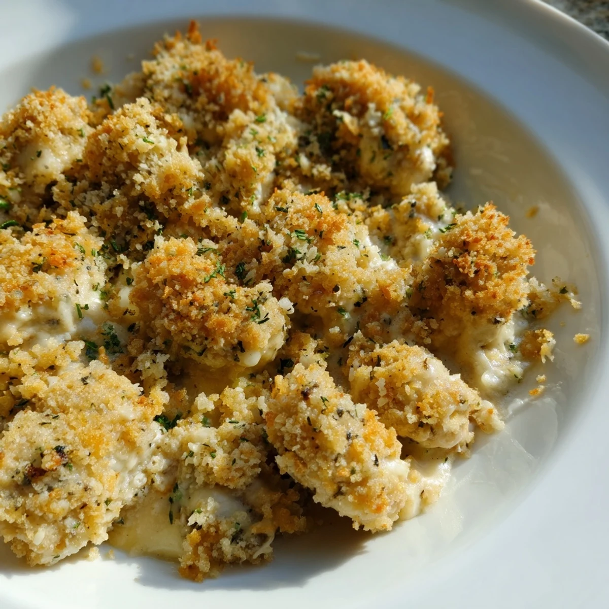 Steaming spoonful of Chicken Kiev Casserole with tender chicken and garlicky breadcrumb crust