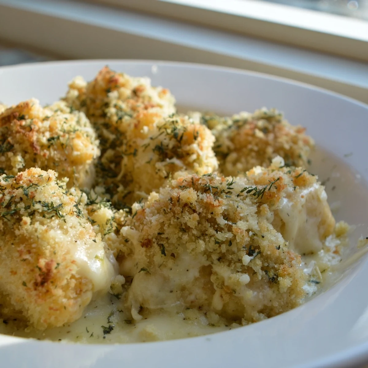 Creamy Chicken Kiev Casserole topped with crunchy panko and melted mozzarella cheese