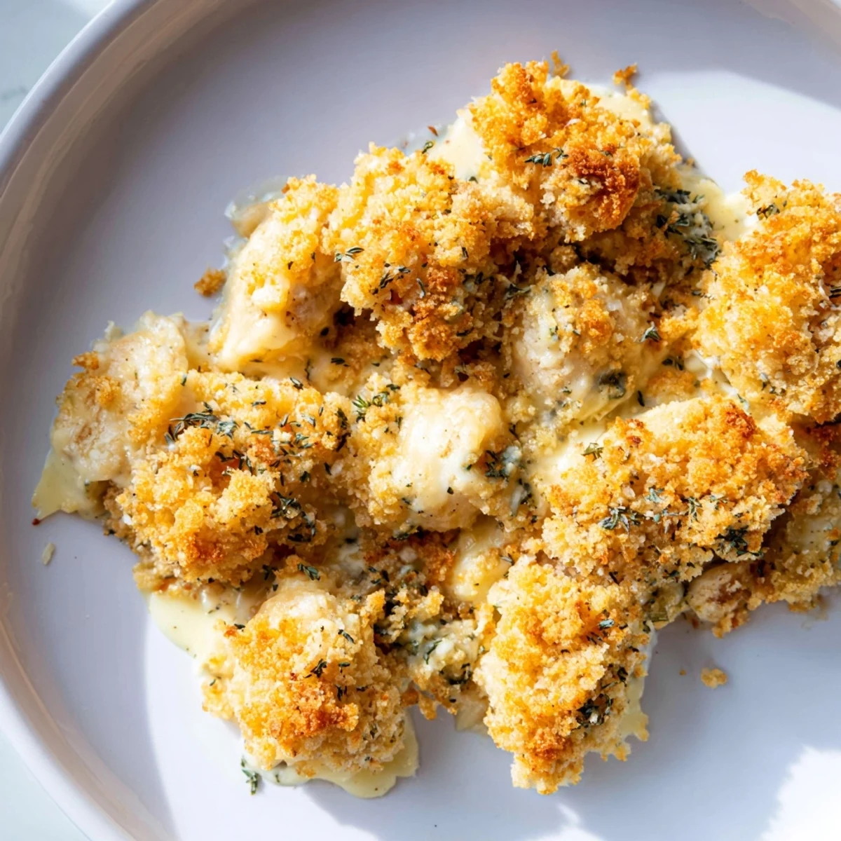 Golden crispy Chicken Kiev Casserole fresh from the oven with herb butter sauce