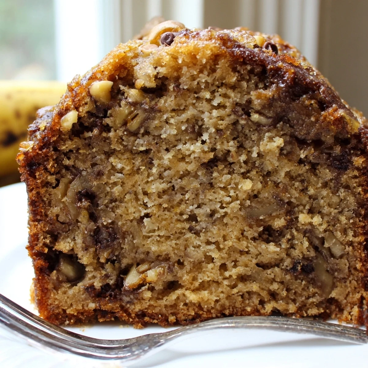 A golden slice of moist banana cake served on a rustic white plate