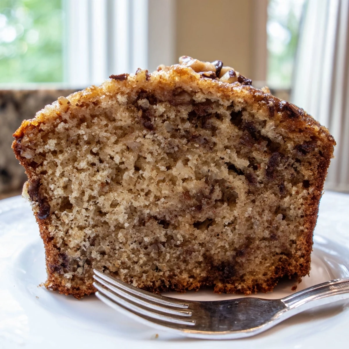 Warm banana cake with a tender crumb fresh from the oven