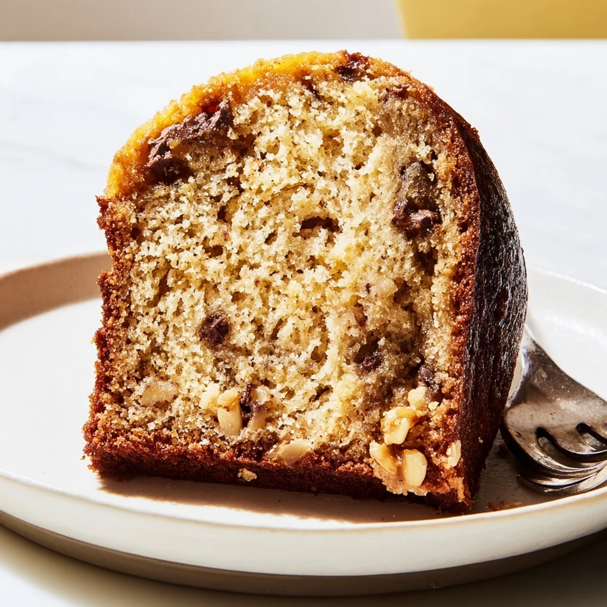 Homemade banana cake topped with creamy frosting and chopped walnuts