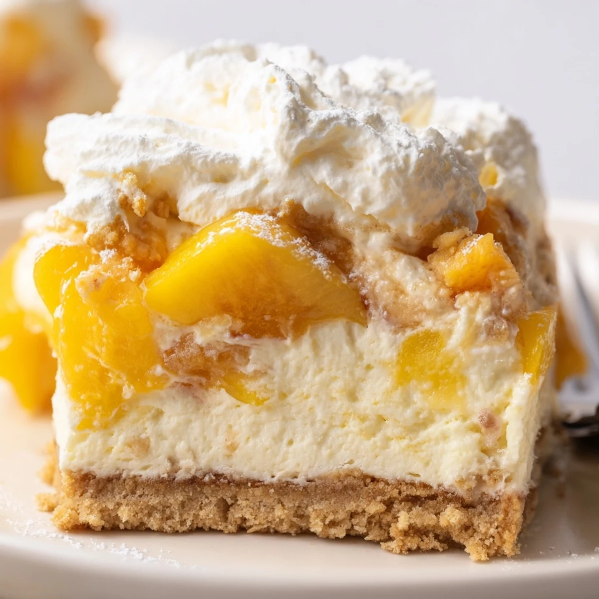 Creamy Peaches and Cream Cheesecake Bars sliced on a rustic summer dessert table