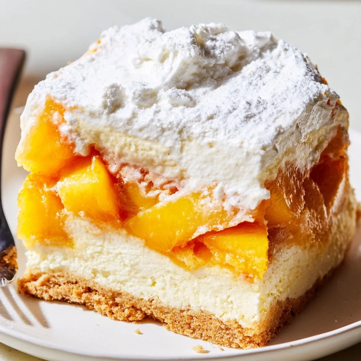 Golden graham crust Peaches and Cream Cheesecake Bars topped with fresh whipped cream dollops