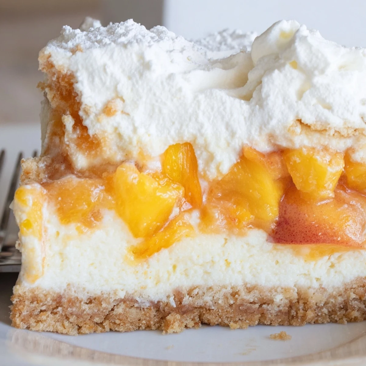 Juicy peach slices crown these silky Peaches and Cream Cheesecake Bars chilled to perfection