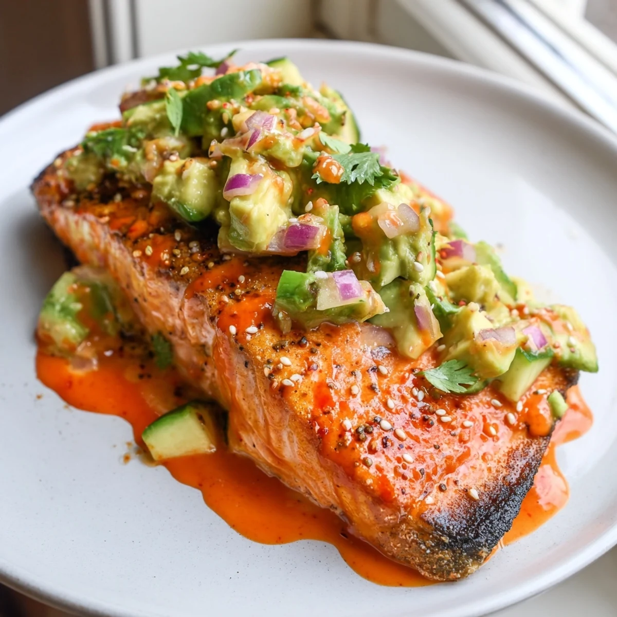 Pan-seared Bang Bang Salmon glazed in sweet chili mayo garnished with sesame seeds and vibrant cucumber avocado salsa