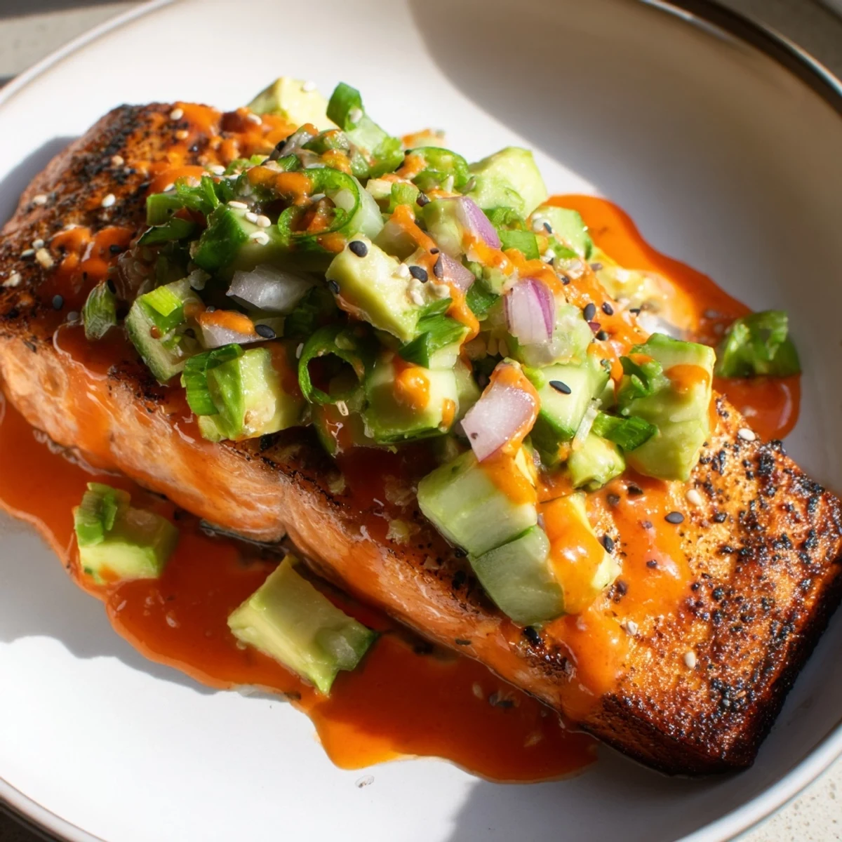 Golden Bang Bang Salmon fillet topped with creamy sriracha sauce served over cool avocado cucumber salsa