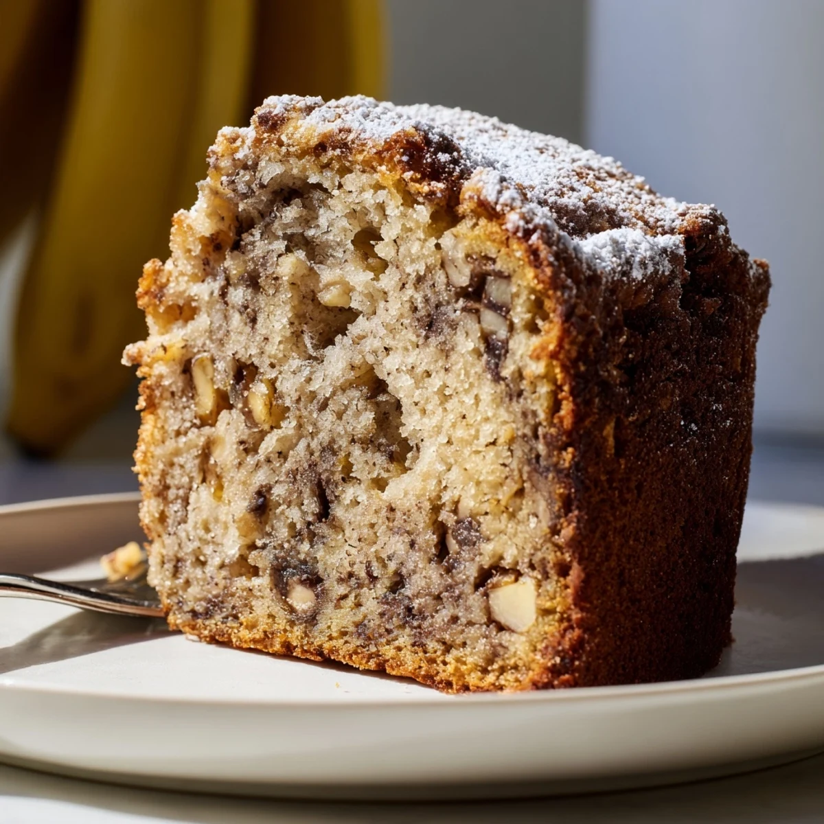 Moist banana cake served warm on a rustic cutting board with scattered walnuts