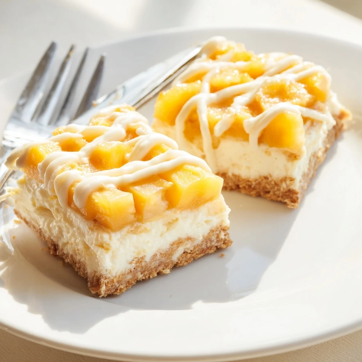 Golden Peaches and Cream Cheesecake Bars sliced over a rustic wooden cutting board