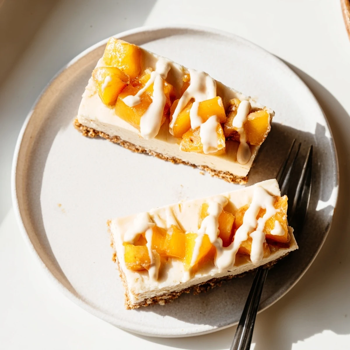 Chilled Peaches and Cream Cheesecake Bars with a buttery graham cracker crust and juicy peach topping
