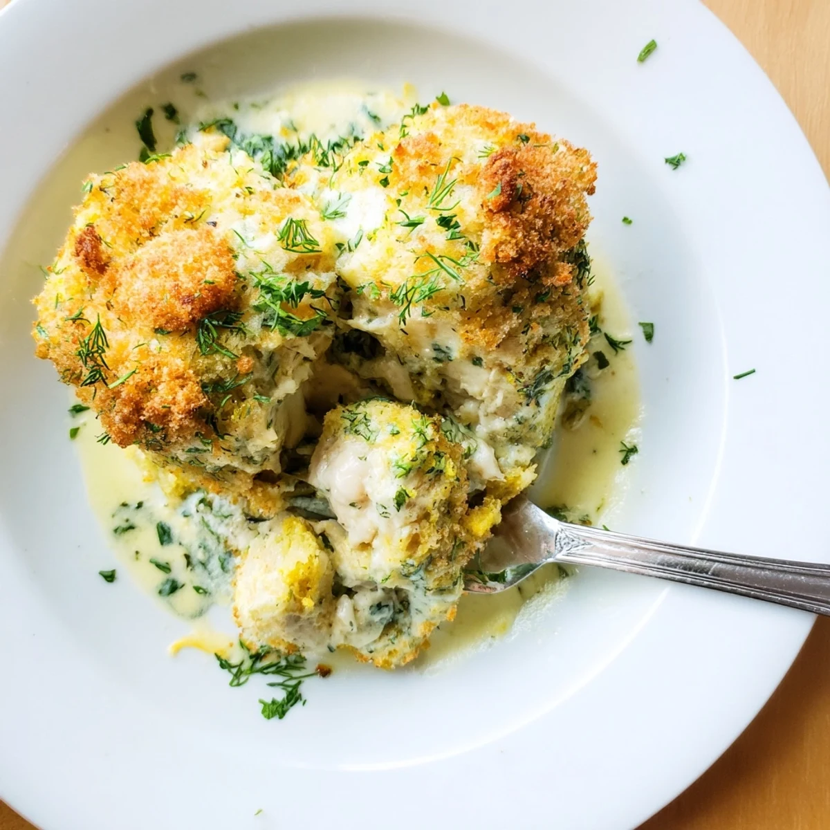 Creamy Chicken Kiev Casserole topped with crunchy Parmesan breadcrumbs in baking dish