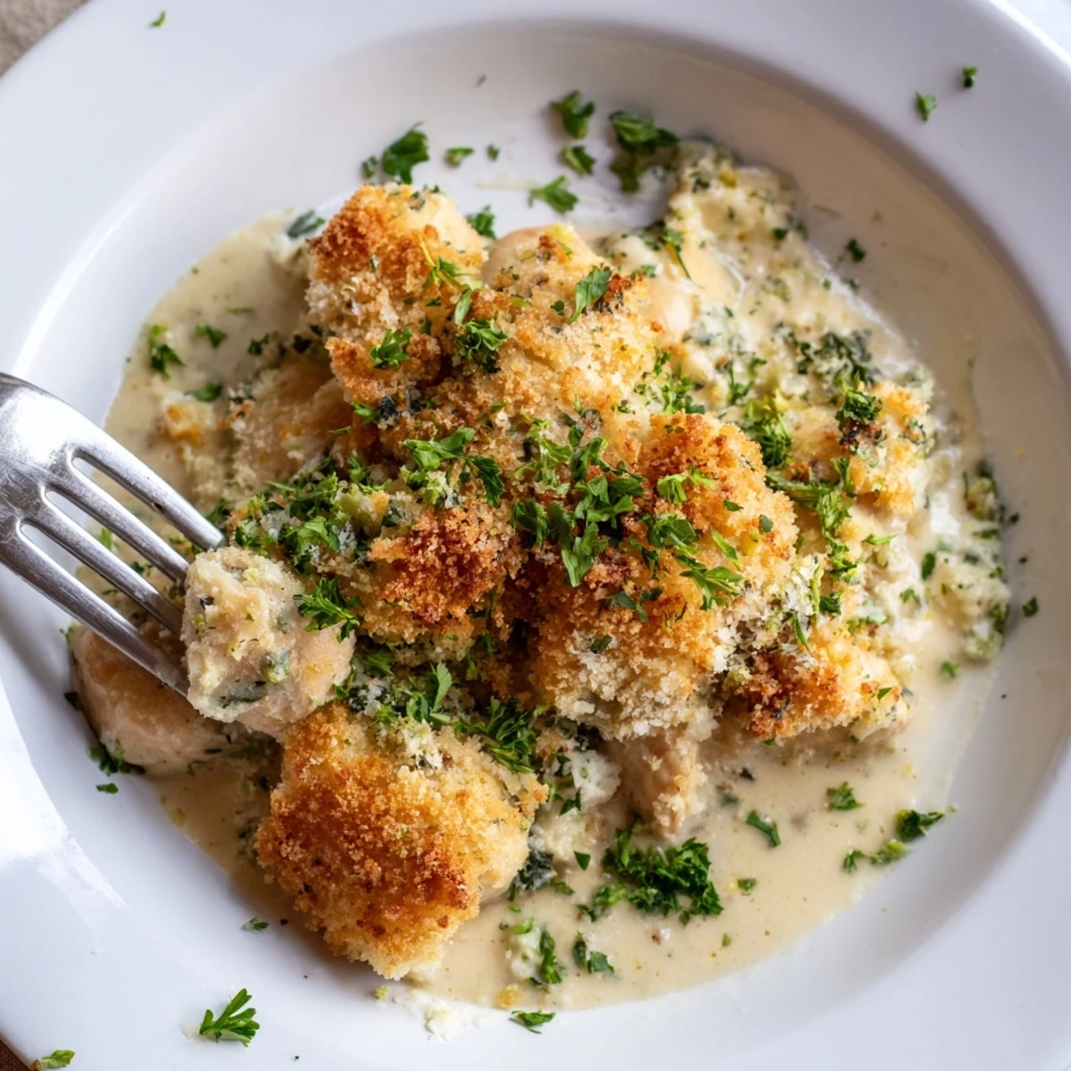 Golden crispy Chicken Kiev Casserole bubbling with garlic herb butter sauce