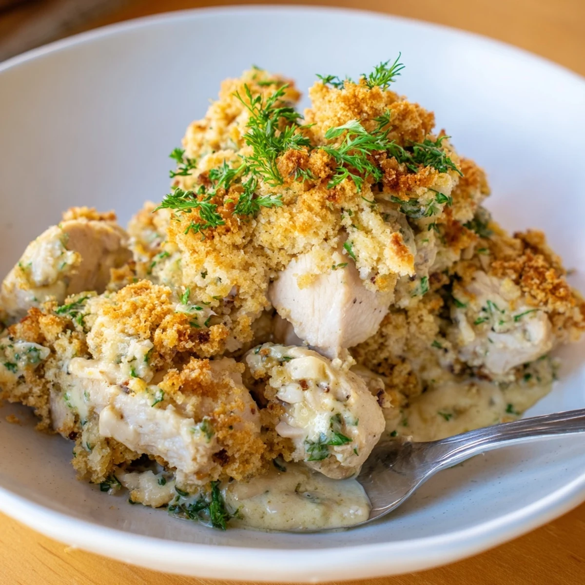 Juicy chicken pieces smothered in herb butter sauce in Chicken Kiev Casserole