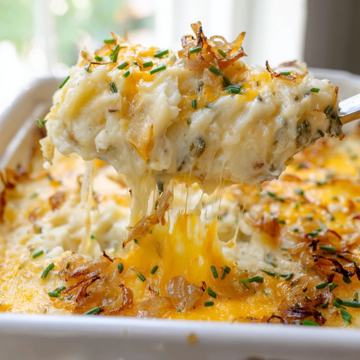 Golden bubbling cheesy onion mashed potato casserole fresh from the oven with melted cheddar