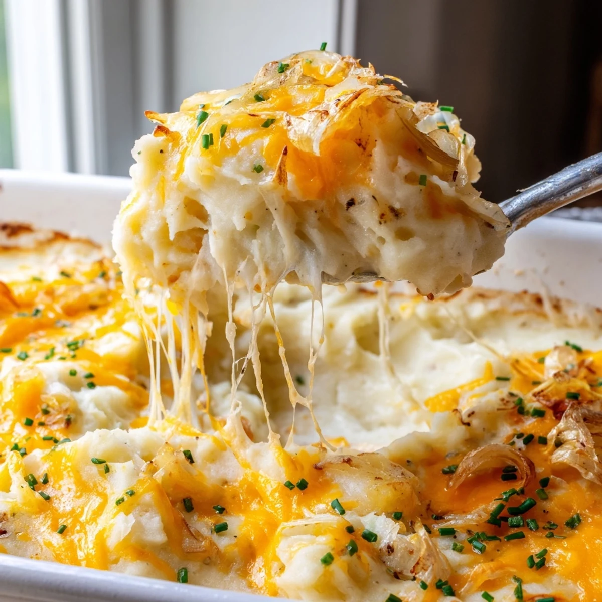 Creamy cheesy onion mashed potato casserole topped with caramelized onions in a baking dish