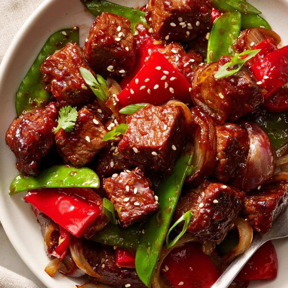 Tender Asian inspired cube steak glazed in soy ginger sauce with crisp stir fried vegetables