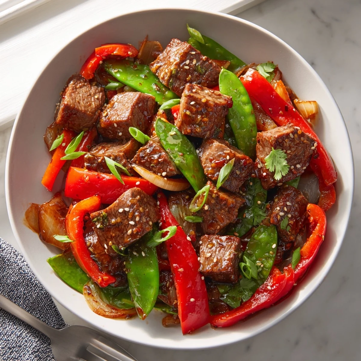 Juicy pan seared Asian inspired cube steak topped with sesame seeds and colorful bell peppers