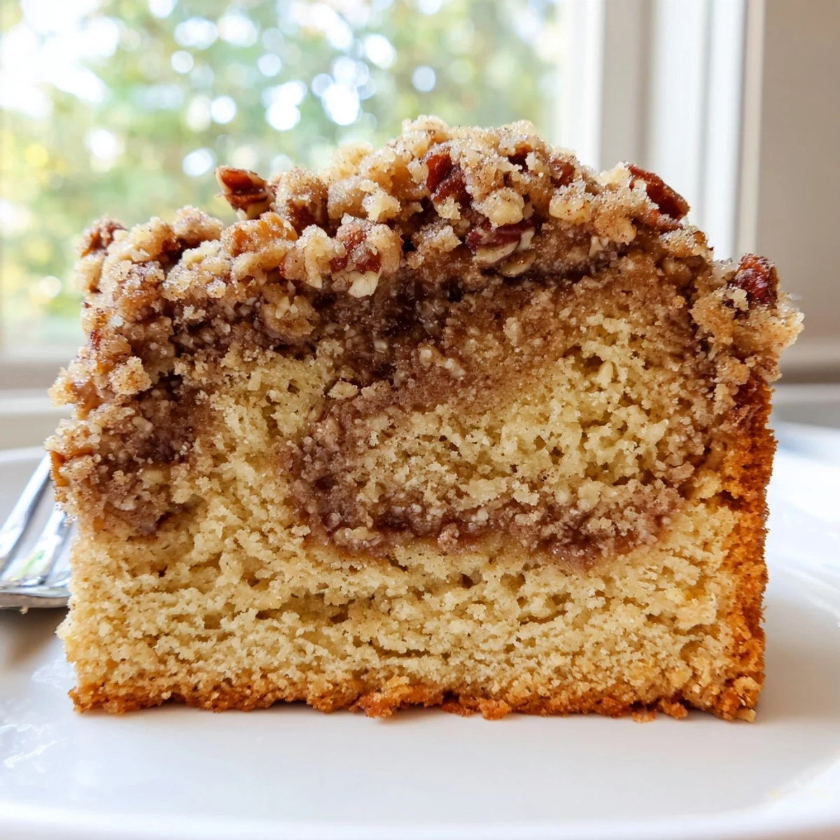 Golden cinnamon pecan crunch coffee cake topped with a crumbly spiced pecan streusel