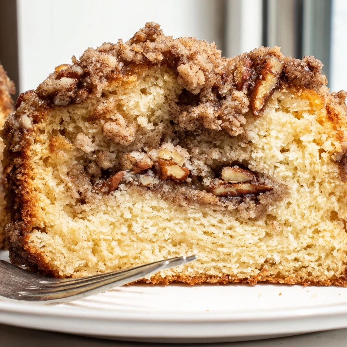 Warm cinnamon pecan crunch coffee cake sliced on a rustic wooden cutting board