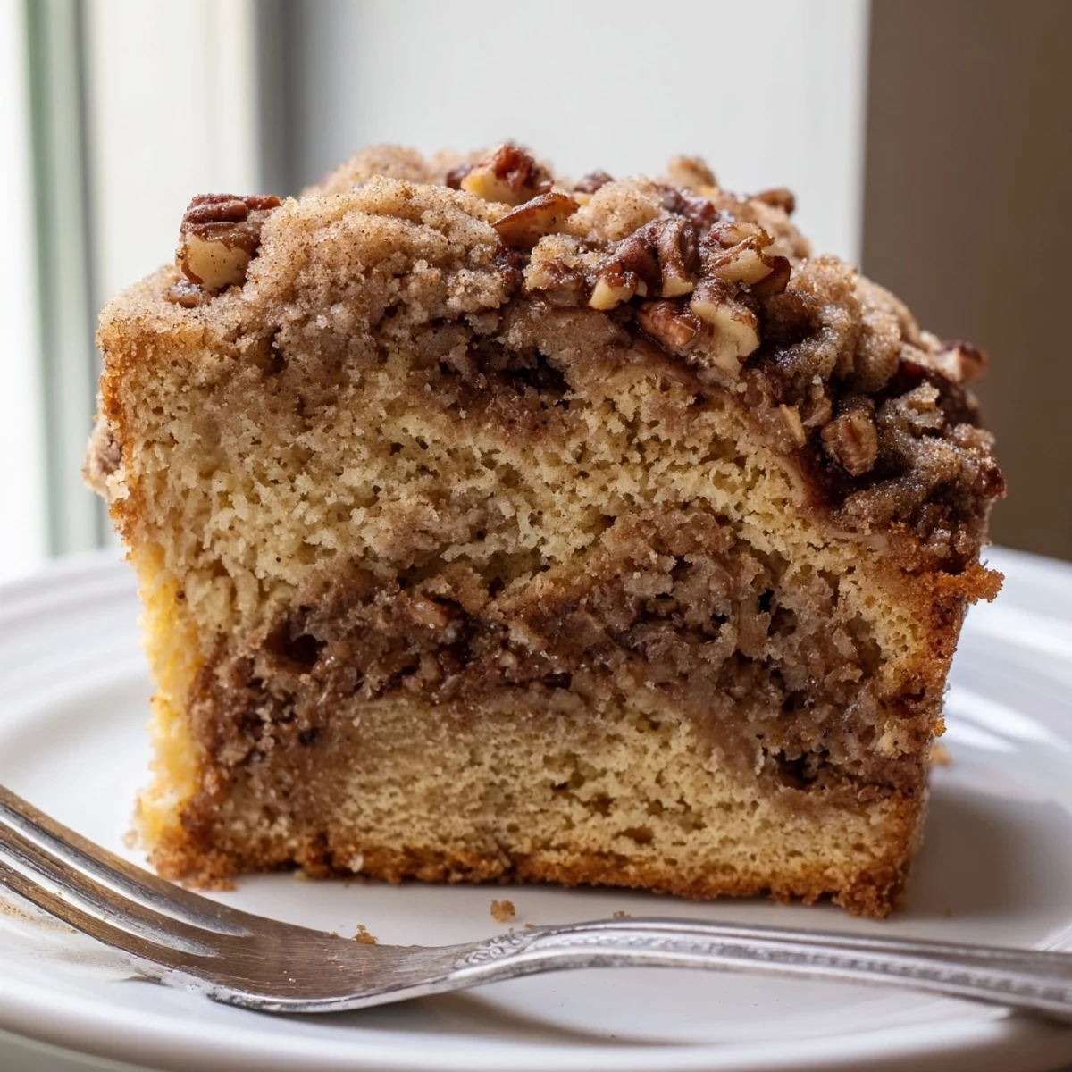 Moist cinnamon pecan crunch coffee cake served on a plate beside freshly brewed coffee