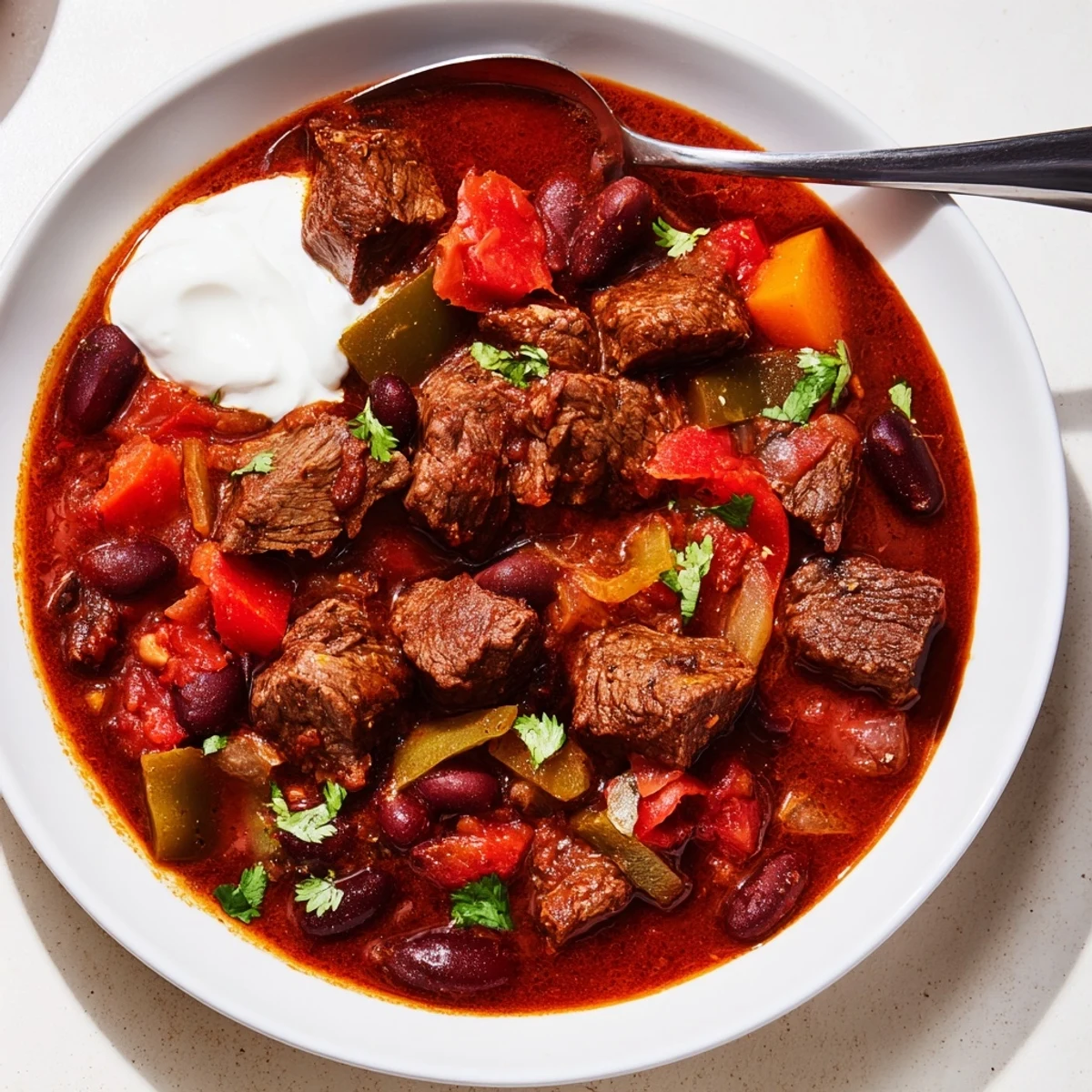 Steaming bowl of beefy chili stew with tender meat, beans, and rich red broth