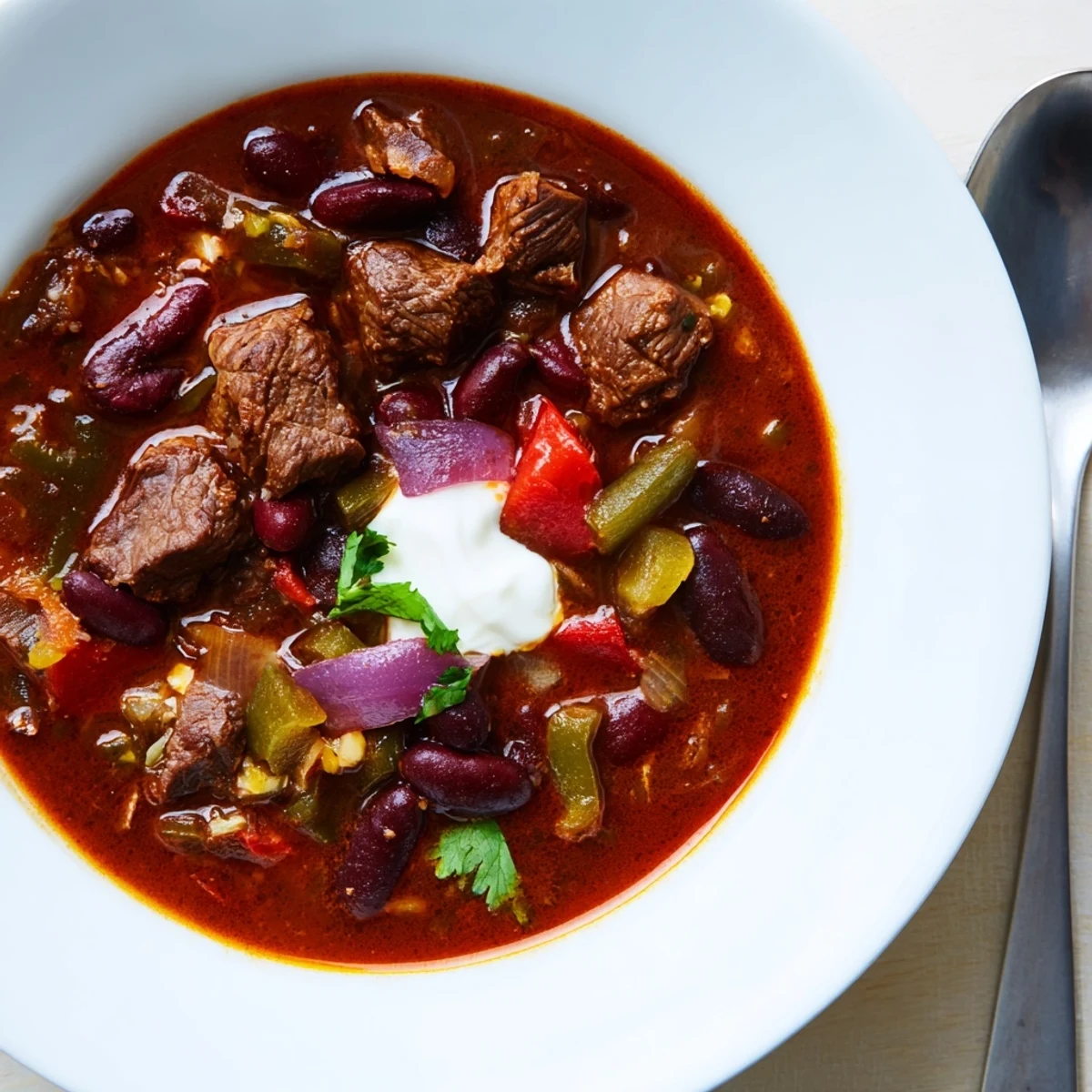 Hearty beefy chili stew served in a rustic bowl, topped with a dollop of sour cream and shredded cheese