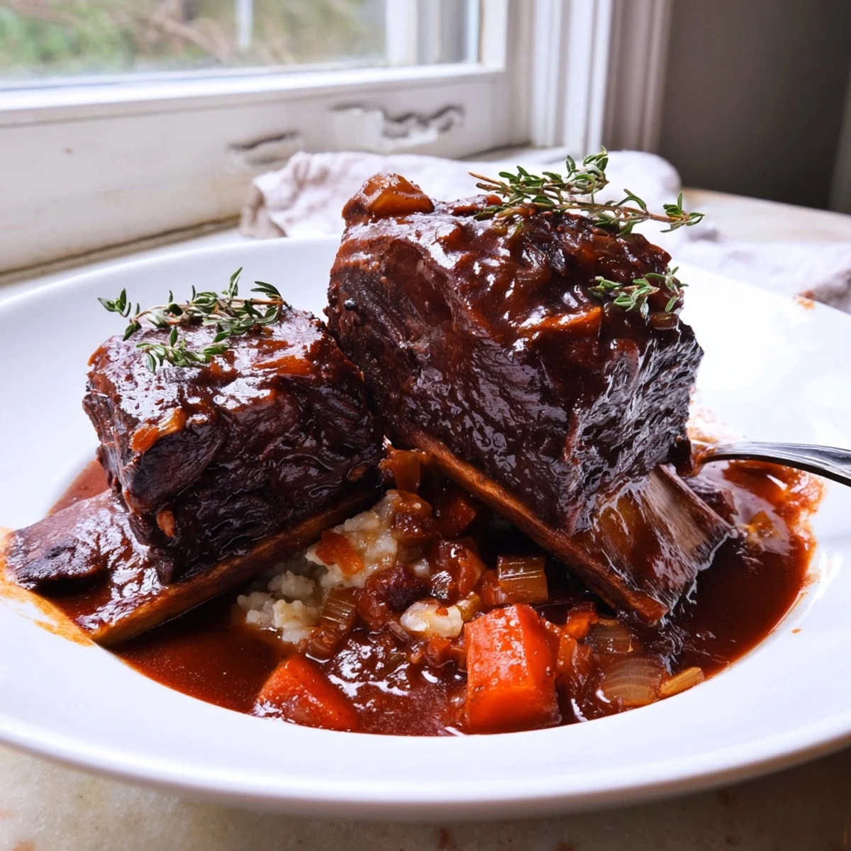 Fall-off-the-bone oven braised beef short ribs nestled in a rich, glossy red wine sauce with tender vegetables