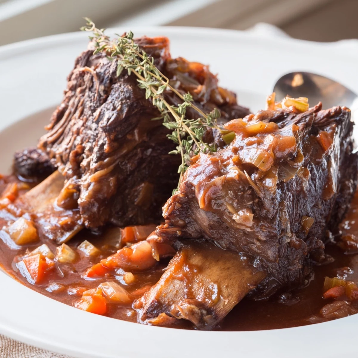 Succulent oven braised beef short ribs plated over creamy mashed potatoes dripping with savory herb-infused gravy