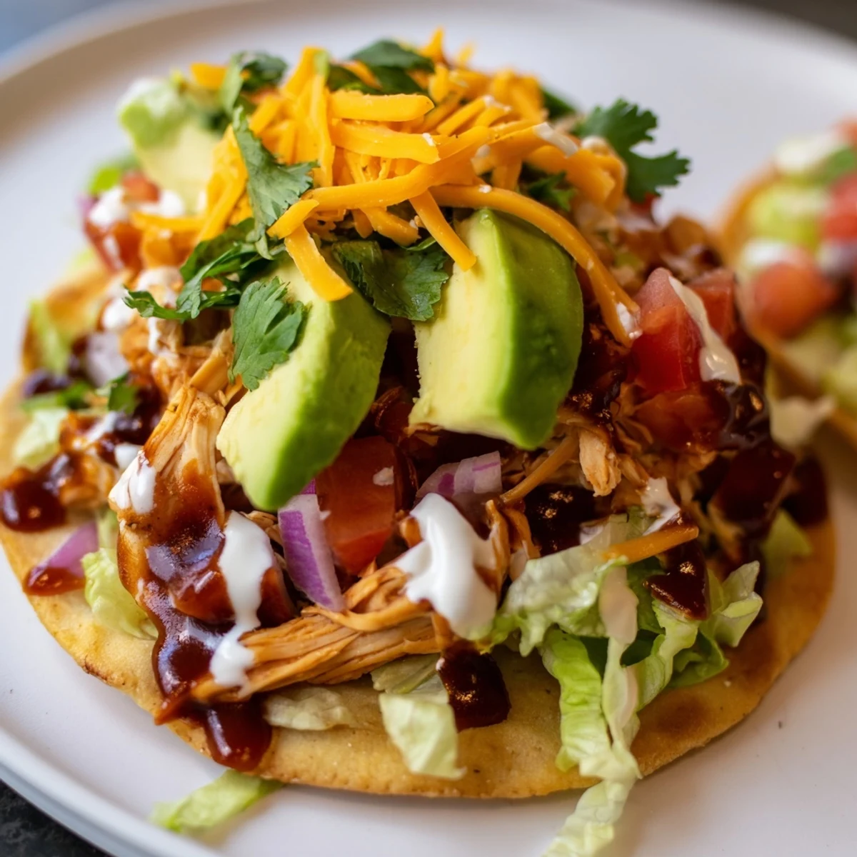 Golden tostada shells topped with tender barbecue chicken, creamy avocado slices, and tangy sour cream