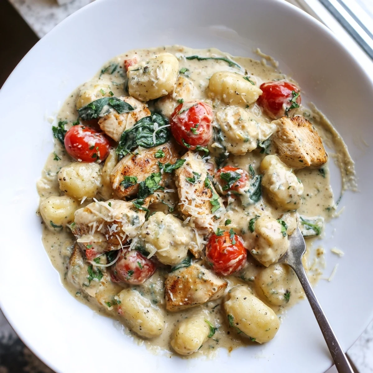 Creamy herb chicken gnocchi skillet bubbling in a golden cast iron pan