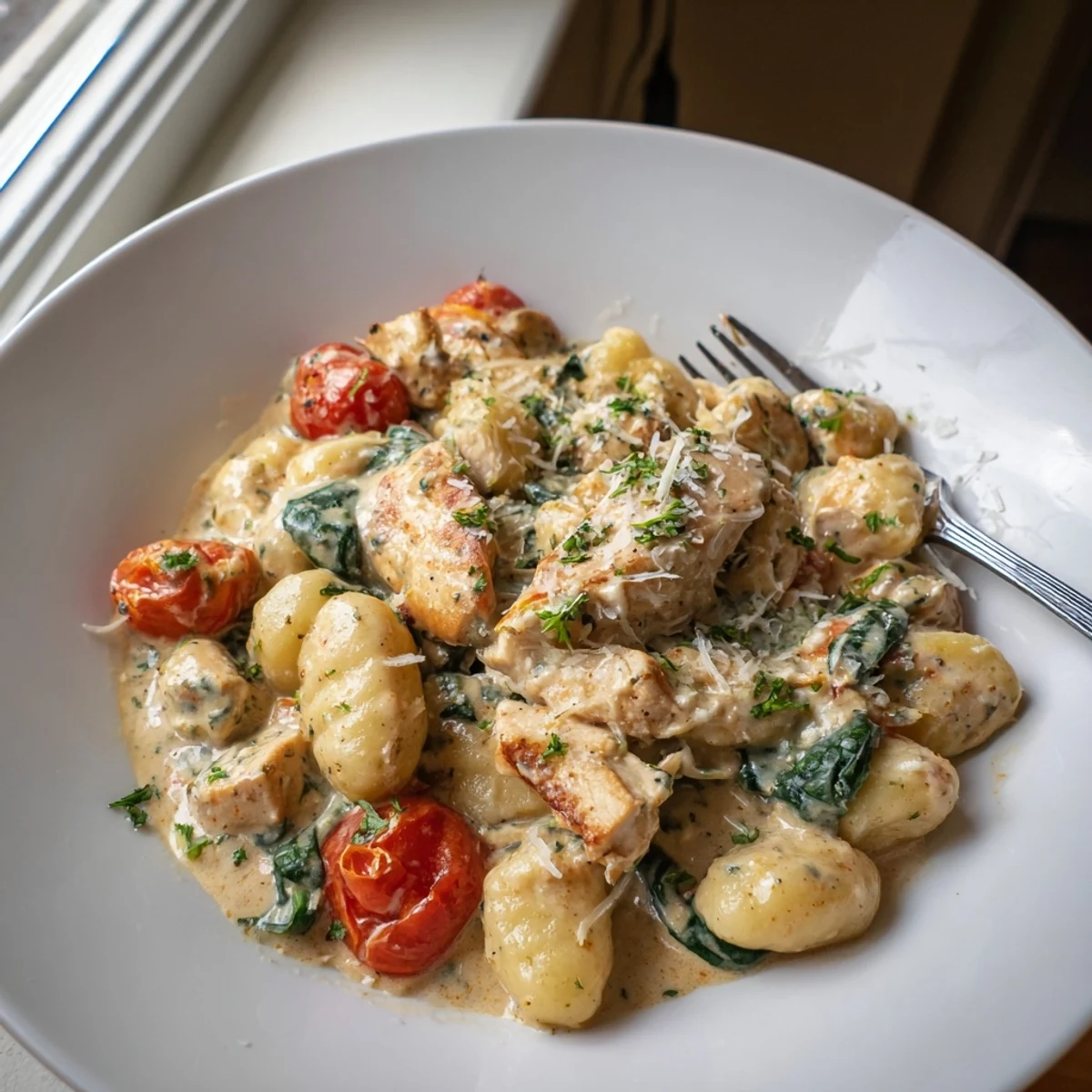 Tender chicken and pillowy gnocchi coated in a luscious herb cream sauce