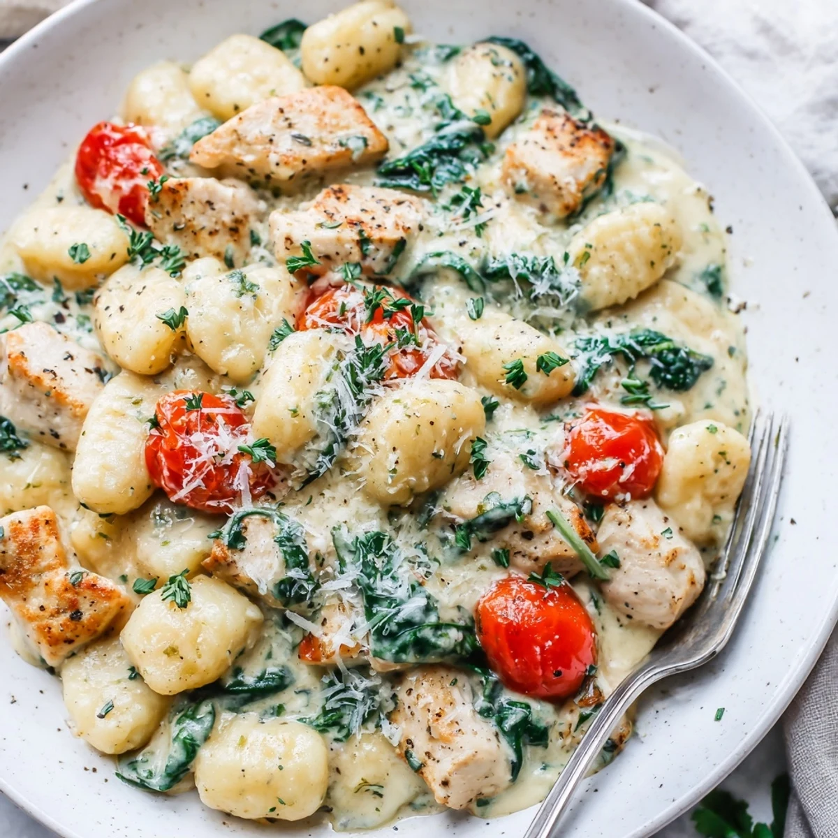 Steaming creamy herb chicken gnocchi skillet garnished with fresh parsley and Parmesan
