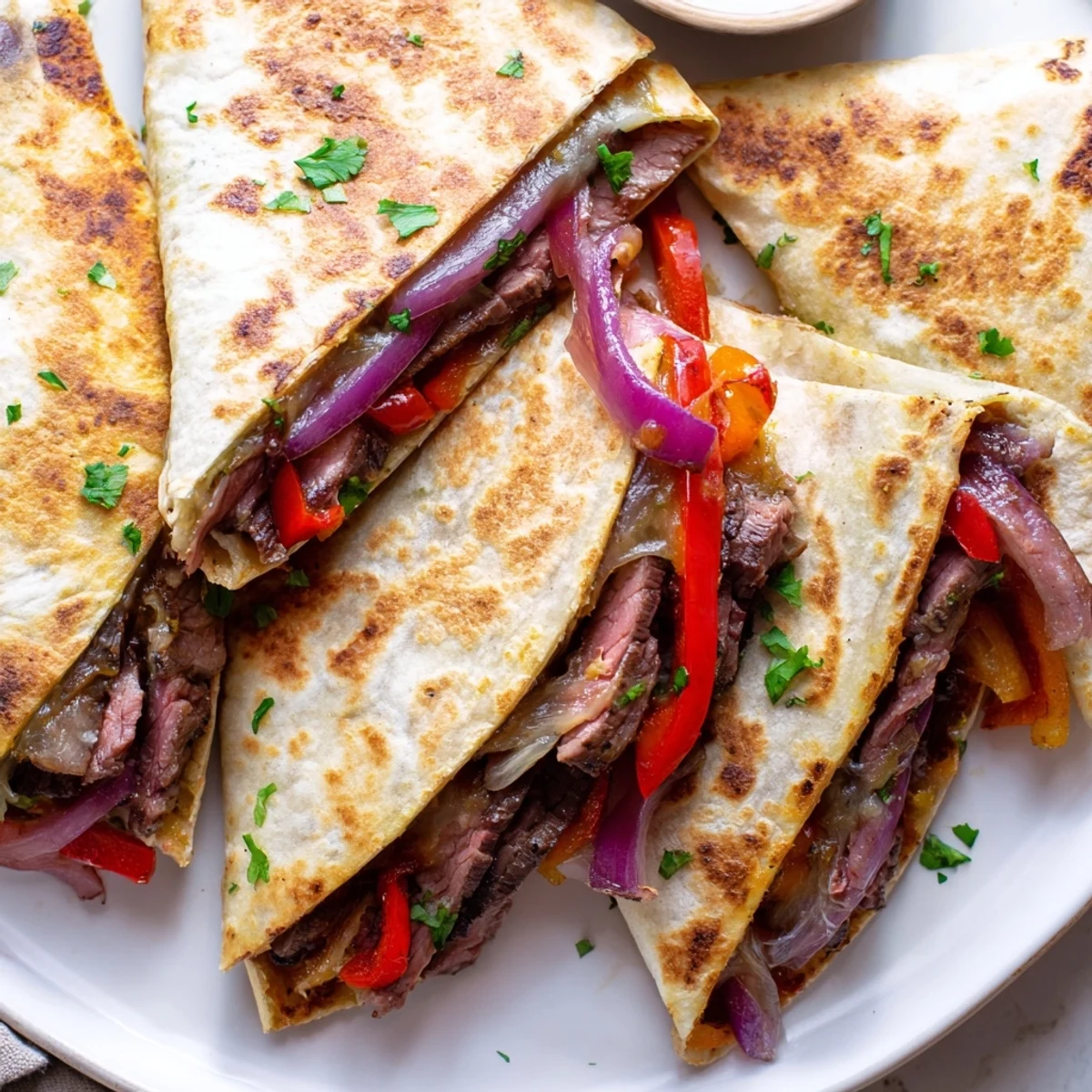 Golden steak quesadillas with melty cheese and peppers on a rustic wooden cutting board