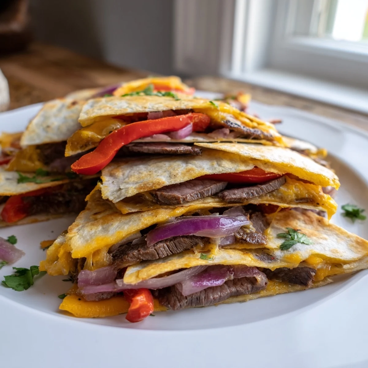 Crispy steak quesadillas sliced open to reveal tender beef and gooey melted cheese