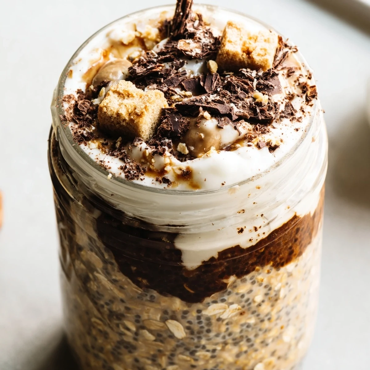 Creamy Tiramisu Overnight Oats layered with mascarpone and dusted with cocoa powder